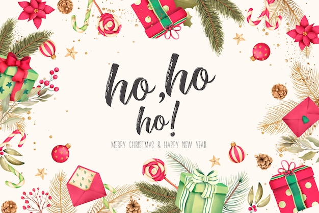 Christmas background with watercolor presents and decoration