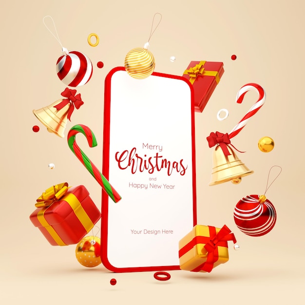 Christmas theme of smartphone with Christmas ornaments, 3d illustration