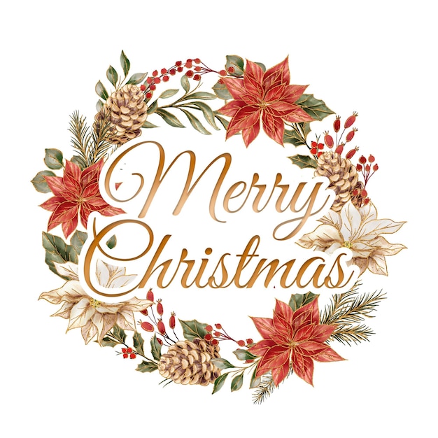 Merry Christmas Flower Gold Watercolor Floral Frame Background
