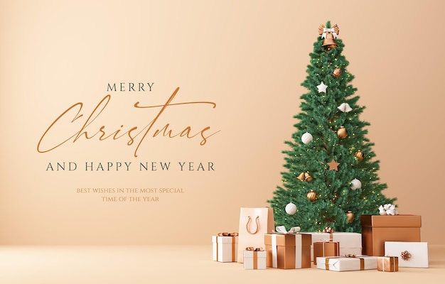 Merry Christmas greeting card template with gold and white gifts under the tree on cream background