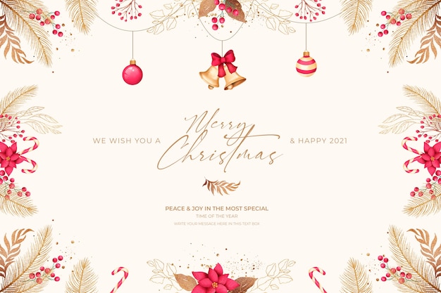 Minimal christmas card with red and golden ornaments